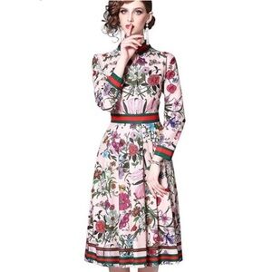 PINK FLORAL RED GREEN TRIM TEA DRESS
